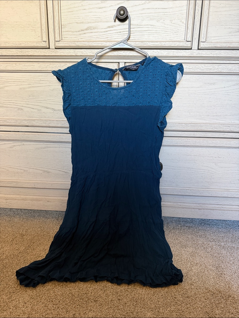 Women’s Teal Eyelet Cap Sleeve Midi Dress with Ruffle Hem